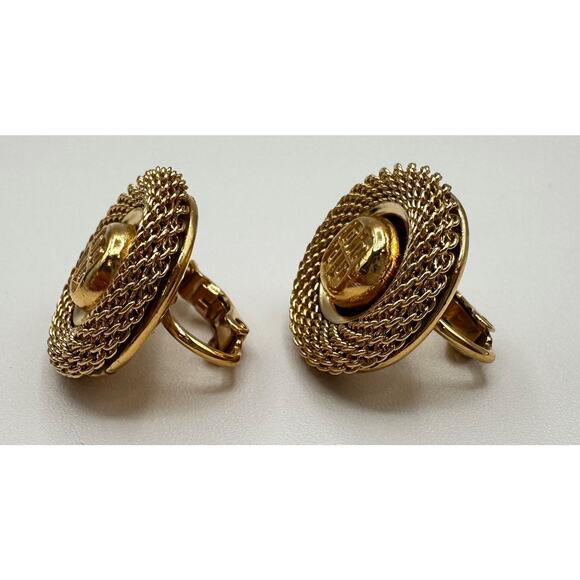 Givenchy Gold Tone 80\'s Clip On Logo Rope Style Border Statement Signed Earrings